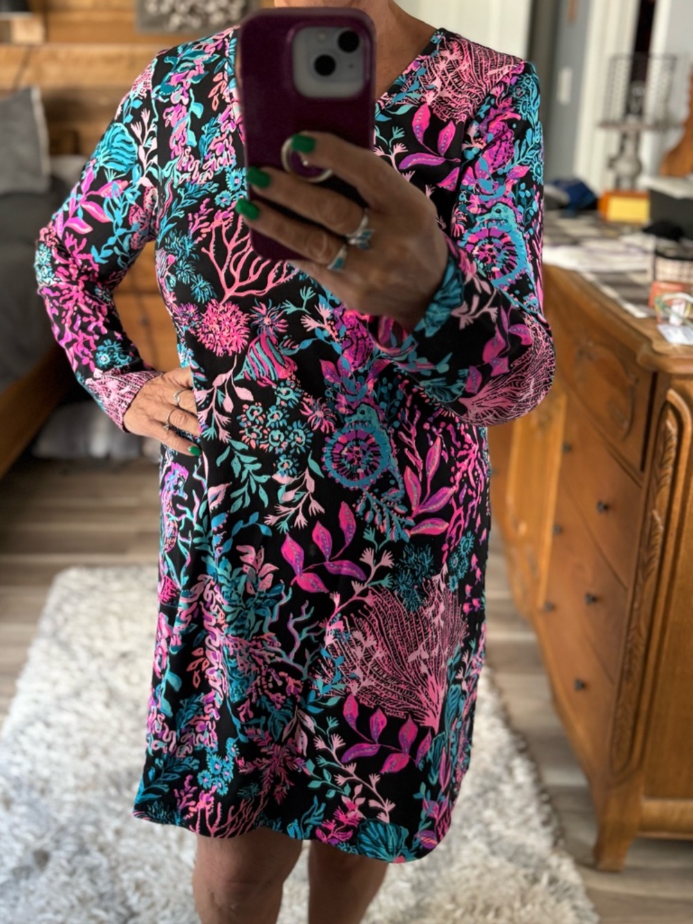 Lilly Pulitzer Vibrant Floral Long-Sleeve Shift Dress in Black with Pink&Teal
